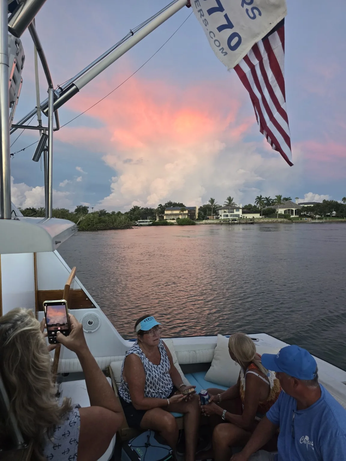Guests aboard the Silverton at sunset